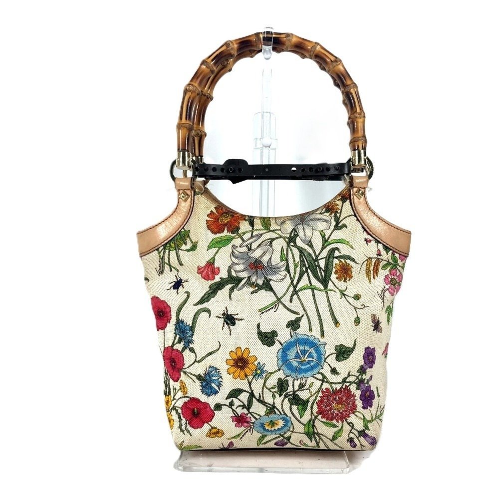 Gucci Floral Canvas Tote with Bamboo Handles in Cream, Brown, Blue, Red, Green